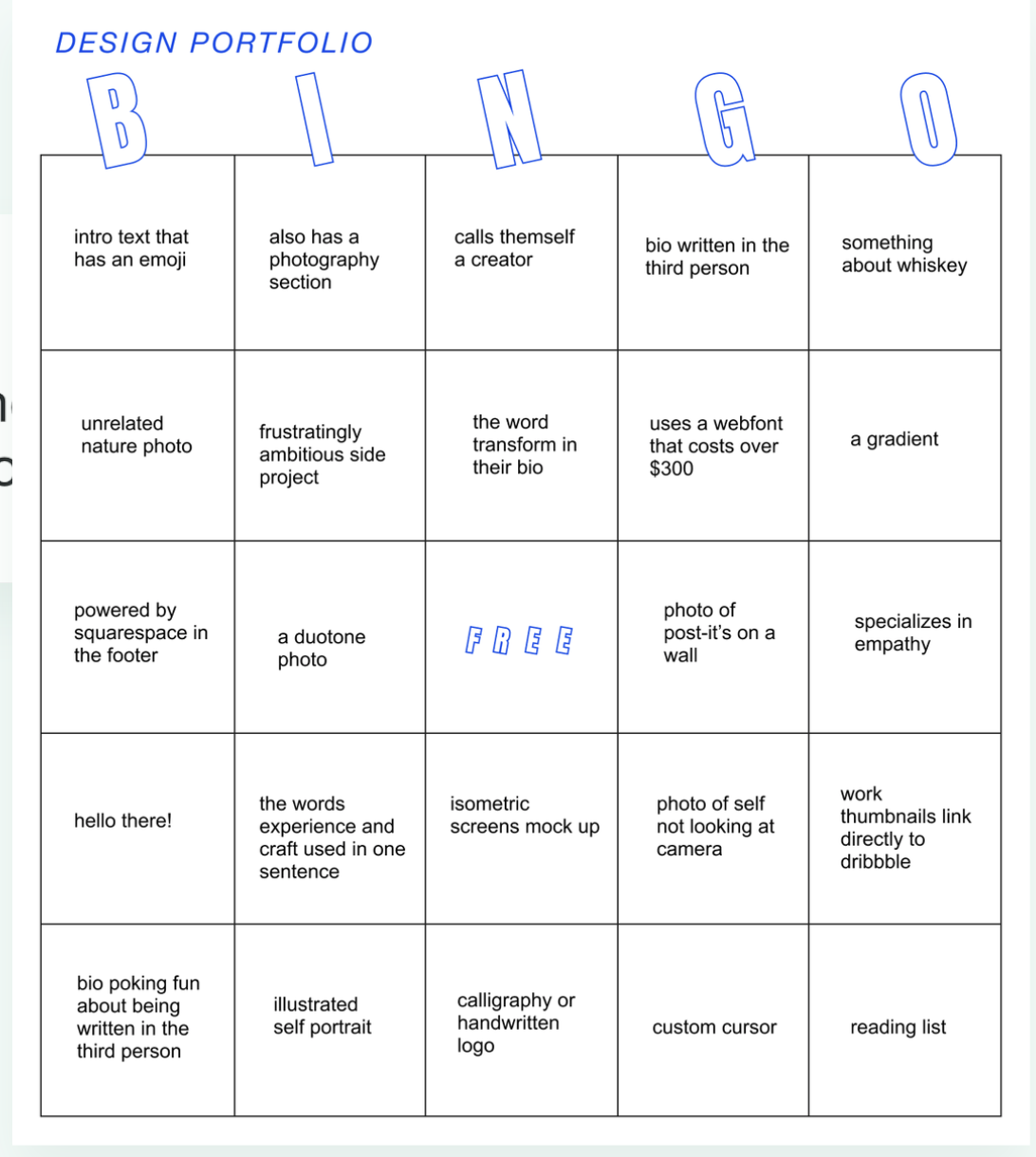 Design portfolio Bingo card