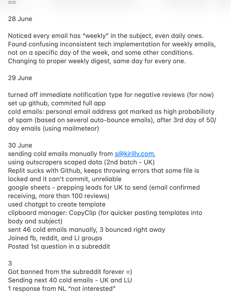 Screenshot showing a note with a daily log of activities and actions completed while launching Pulse Butler startup