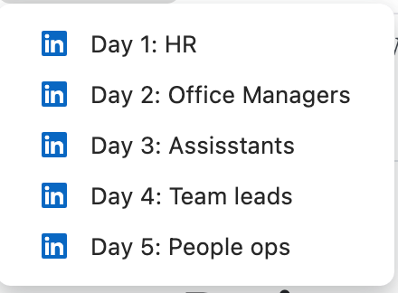 Screenshot of 5 saved web browser bookmarks for pre-saved LinkedIn searches for HR, Office managers, assisstants, team leads, and people ops.